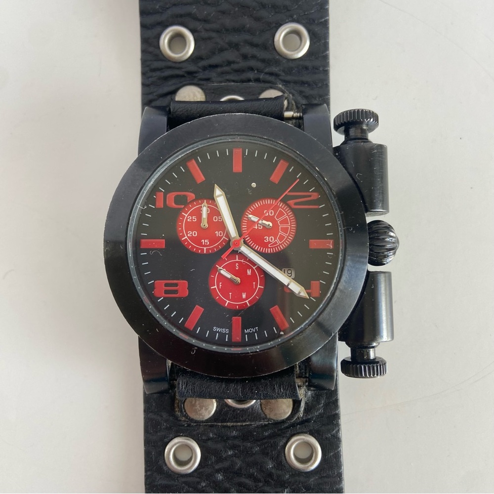 Gothic Biker Black and Red Watch, Leather Strap by 32 Degrees, parts only.